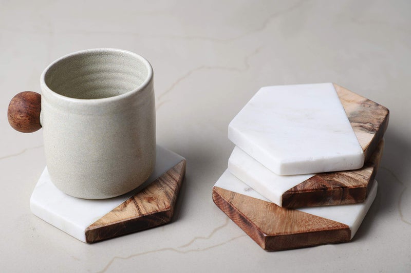 GoCraft Marble & Mango Wood Coasters - Set of 4 Handcrafted Geometric White Marble Coasters for Drinks, Wine Glasses, Beverages, Cocktails & Bar Glassware, Elegant Home Decor & Bar Accessories - Image 4